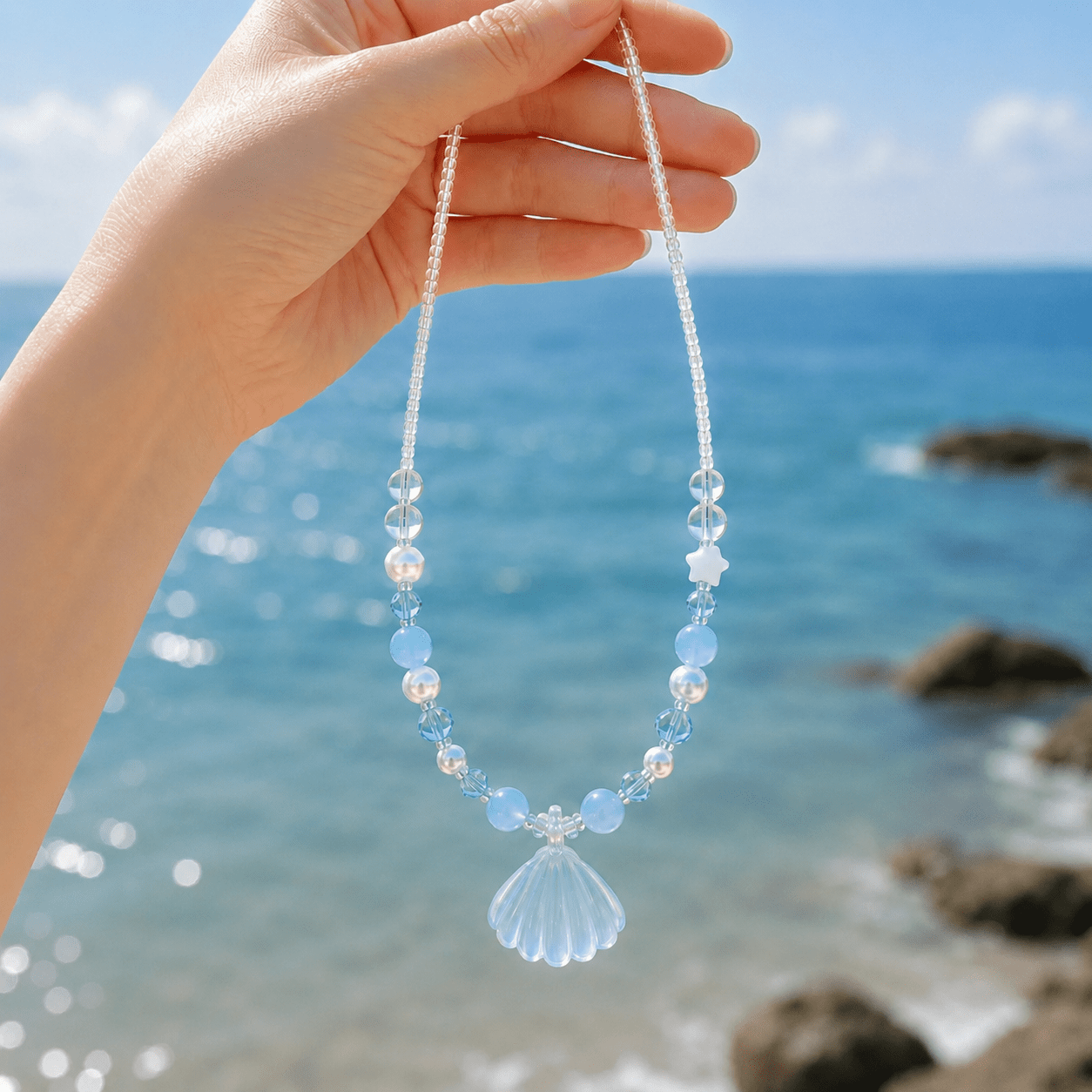 Venus Aquamarine Shell Beaded Necklace - ORMIRO